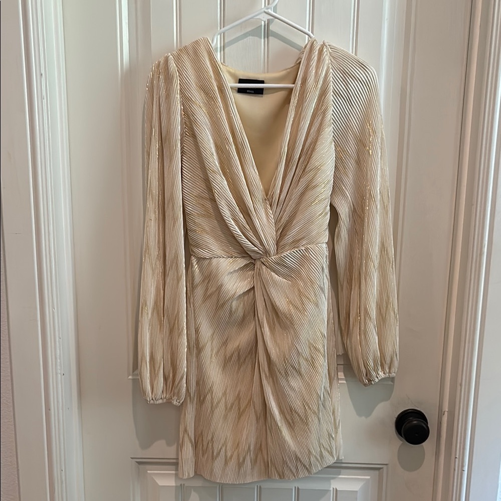 Vici Gold Sheath Dress with Plunge Neckline and Bishop Sleeves